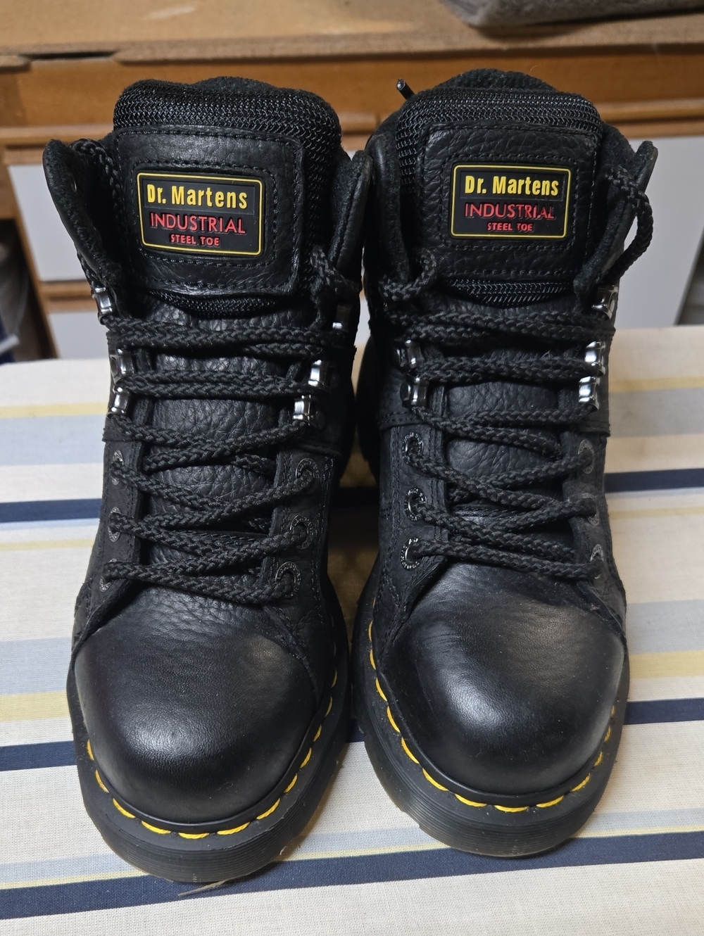 Dr. Martens Black Leather Industrial Lace-Up Boots with Yellow Stitching